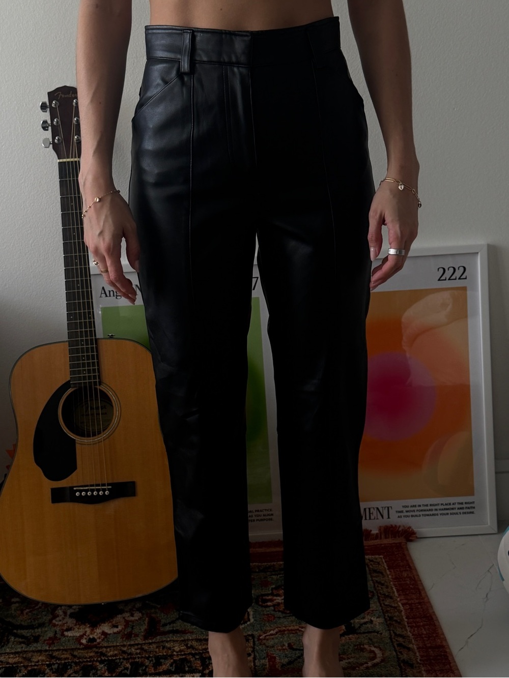 Black Faux Leather Straight-Leg Pants